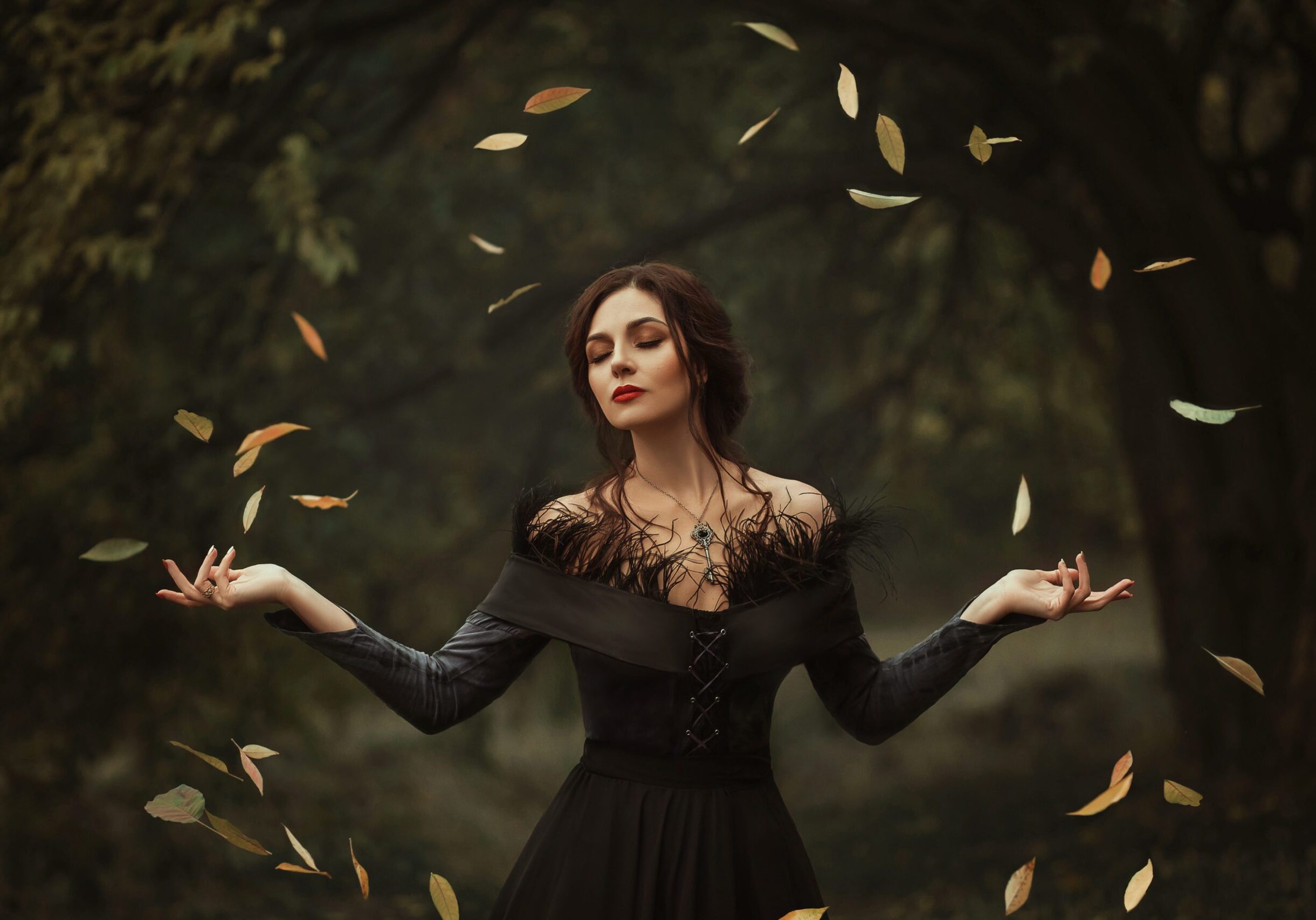Incredible, amazing, seductive girl, in a black dress , magic ro Incredible, amazing, seductive girl, in a black dress , magic ro