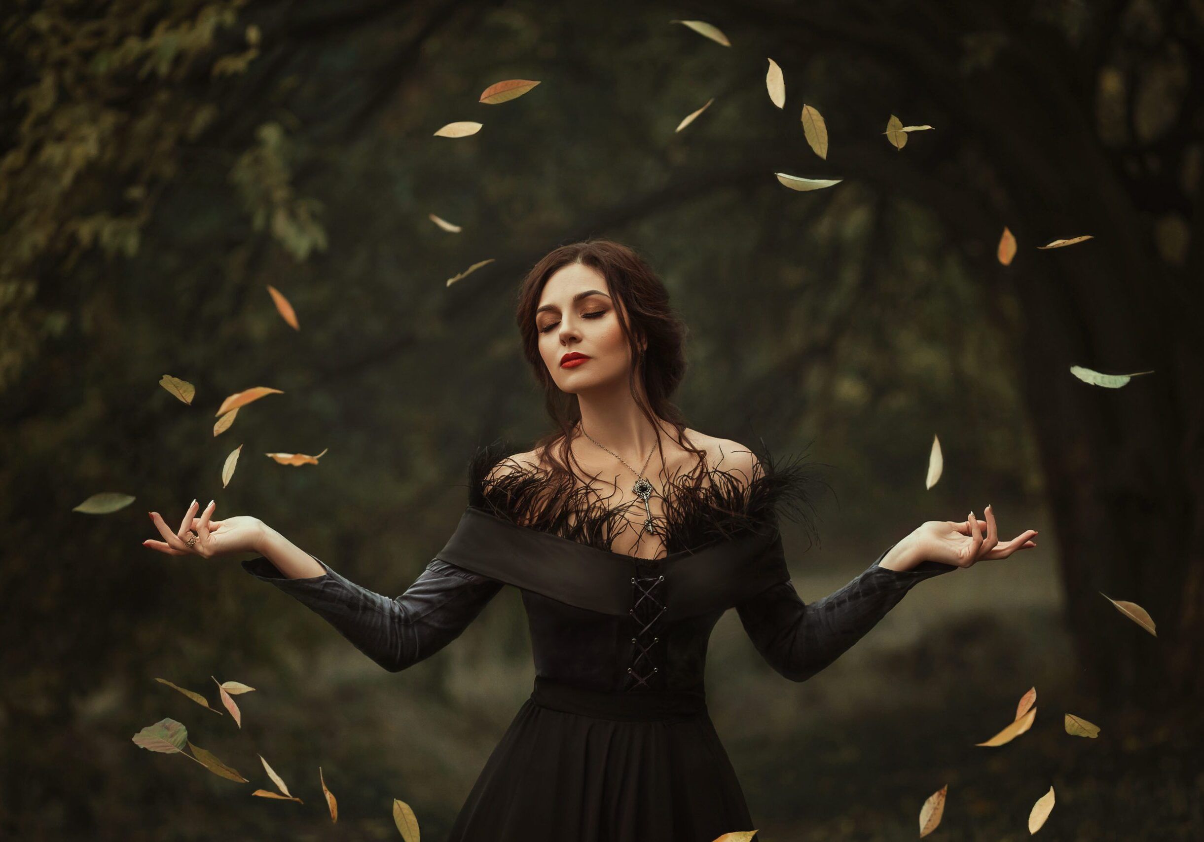 Incredible, amazing, seductive girl, in a black dress , magic ro